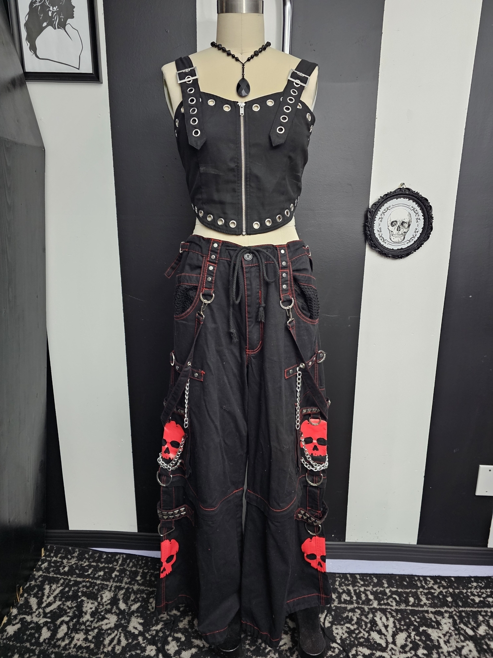 Tripp NYC Black Wide-Leg Skull Accent Pants with Red Details